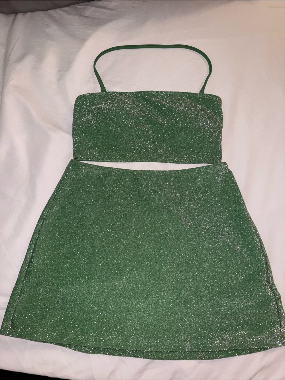 PINK Victoria's Secret Sparkle Green Mini Skirt and Crop Top Set